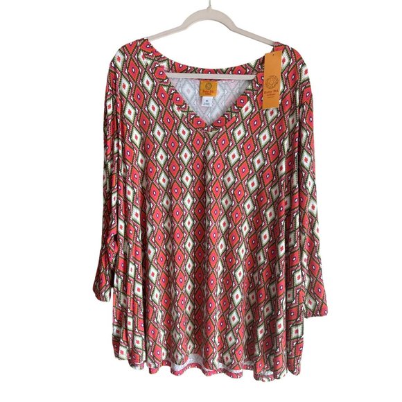 NWT Ruby Rd. Ladies V Neck Pink Abstract 3/4 Sleeve BOHO Stretchy Blouse SZ 4X - Picture 3 of 7